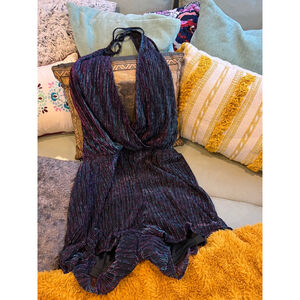 Women's Lulus Black & Purple Shimmer Halter Romper XL
